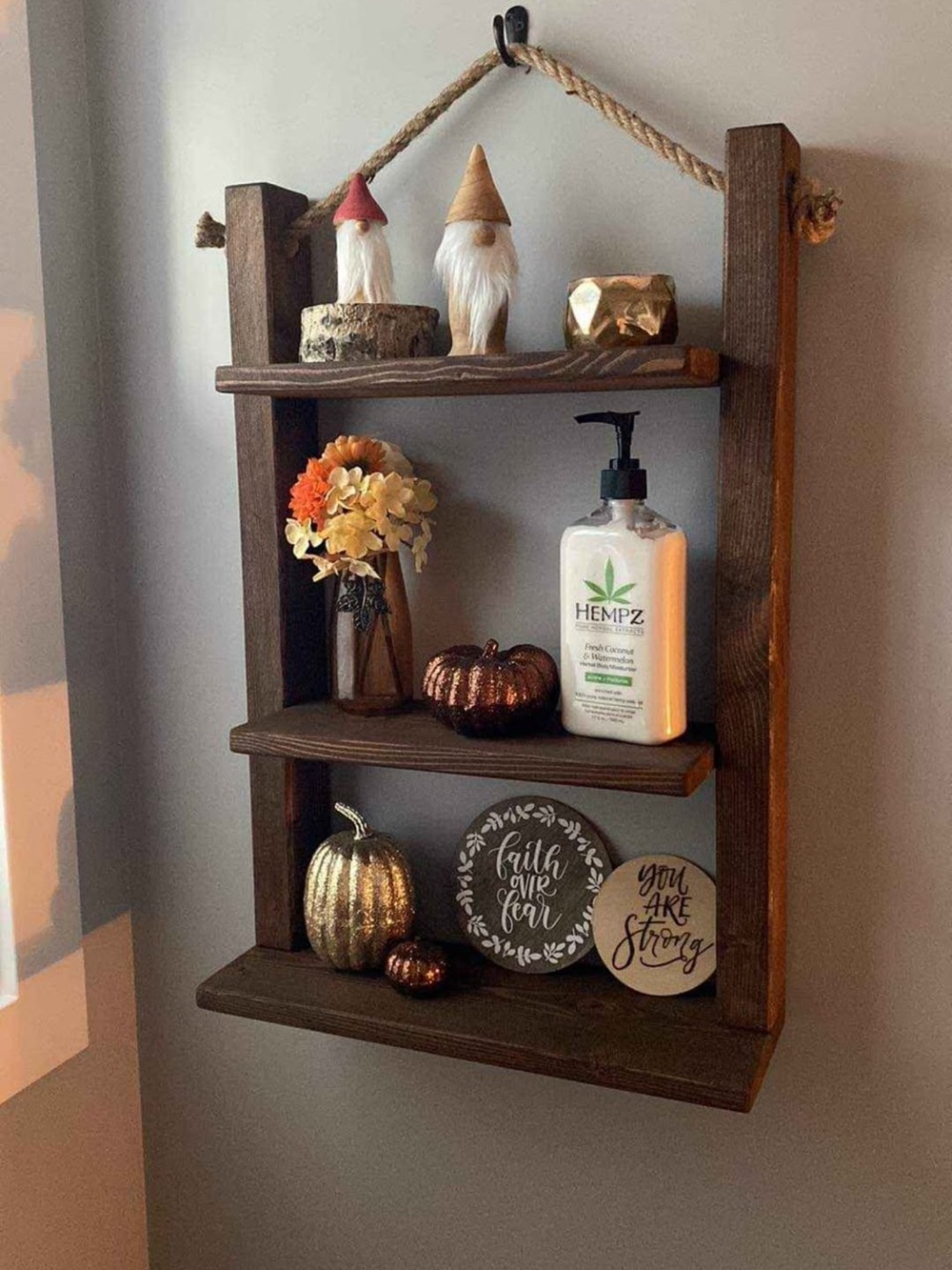 Rustic Brown Wooden Hanging Wall Shelf - Hempz Styling